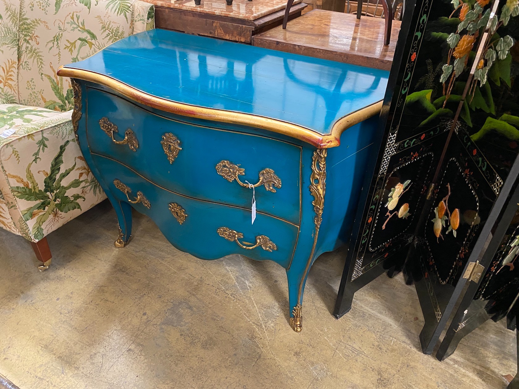 A Louis XV design gilt metal mounted aquamarine lacquered chestnut bombe commode, width 114cm, depth 66cm, height 84cm.